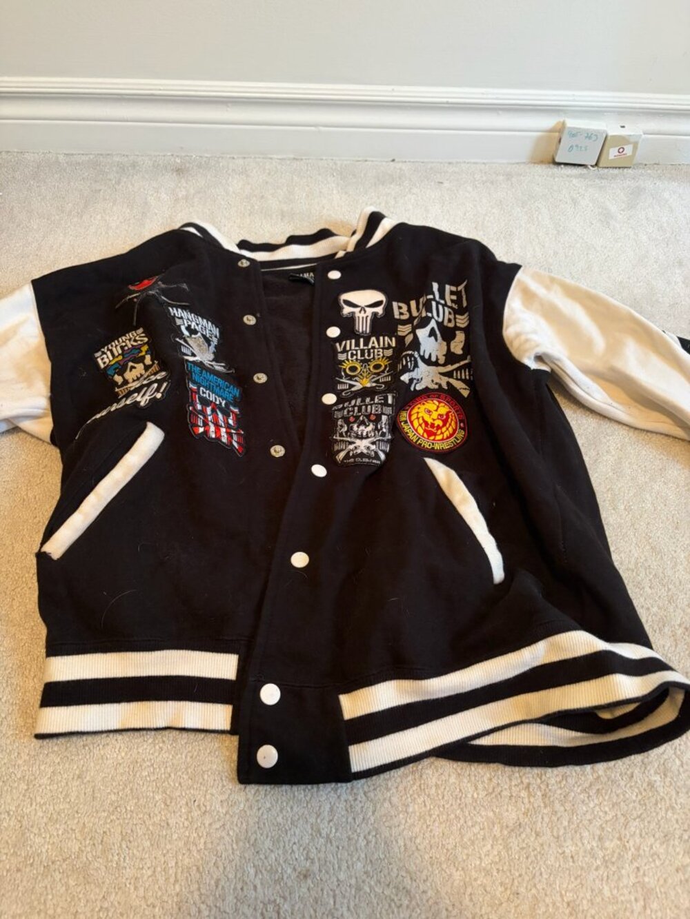 TALHA UK Black/White Varsity Bomber Jacket - Punk Patch Design, Size L